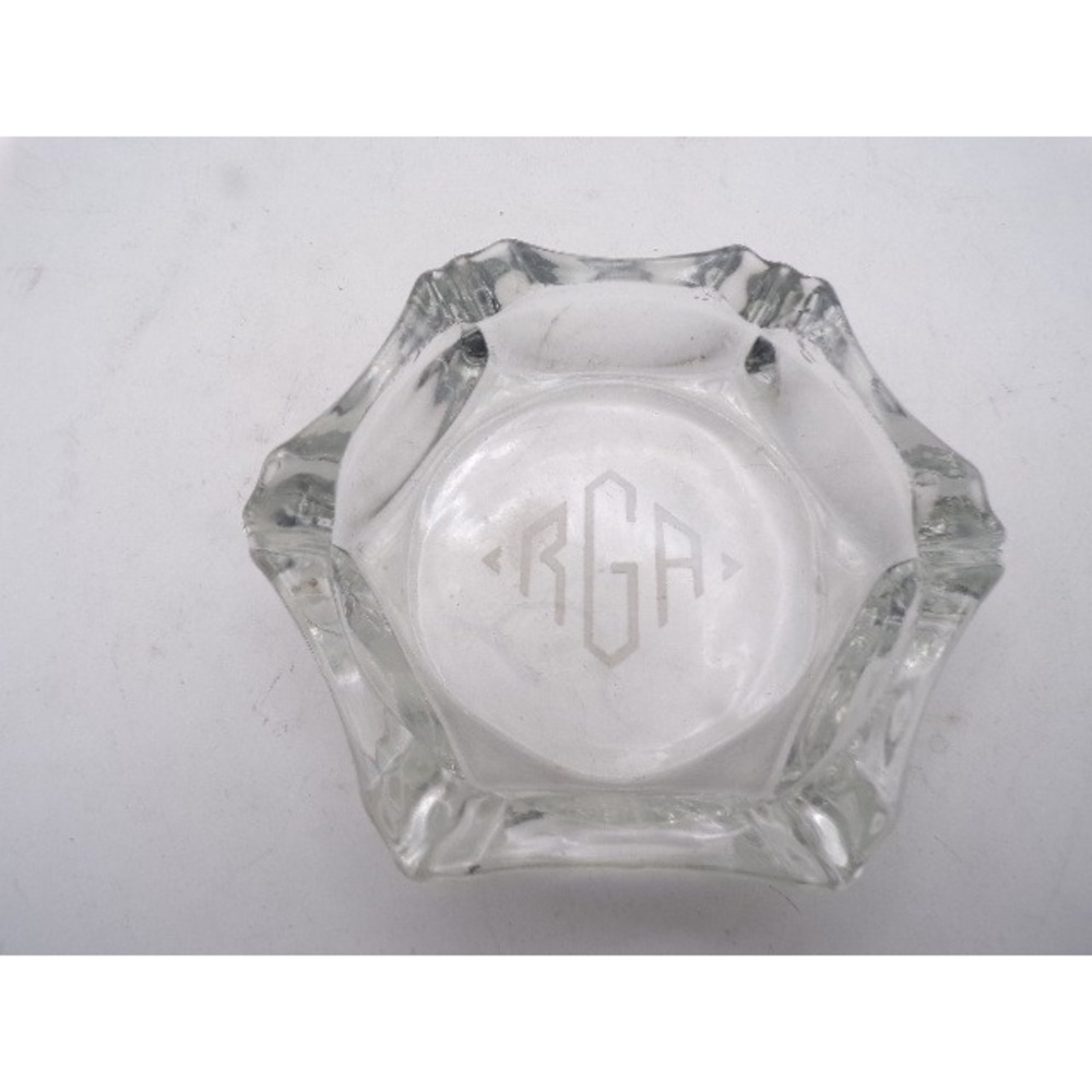Vintage Clear Glass Hexagonal Monogrammed RGA Ashtray 6-Slot Star Shape MCM‎